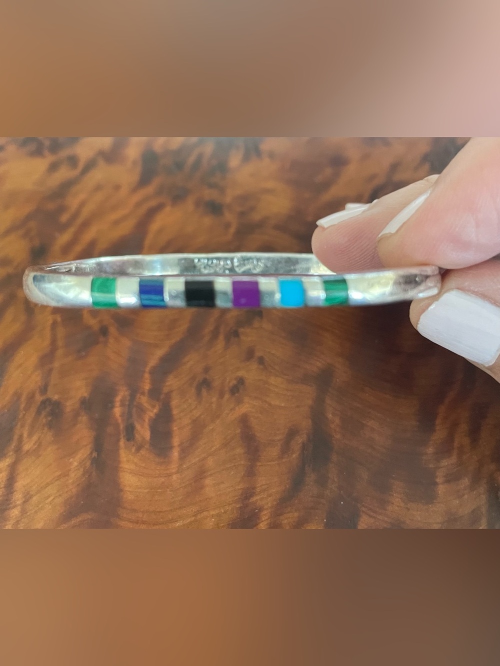 Vintage Mexico Taxco? Sterling Silver 925 Multi-gemstone Inlay Bangle Bracelet